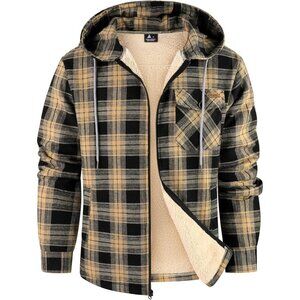 Mens Hooded  Black Plaid  Fleece-Lined Zip-Up Jacket Warm Winter Flannel Coat